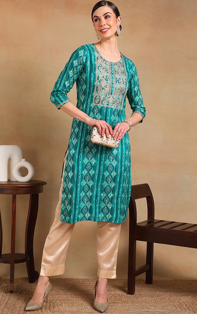 Turquoise Blue Viscose Rayon Ethnic Motifs Printed Straight Kurta