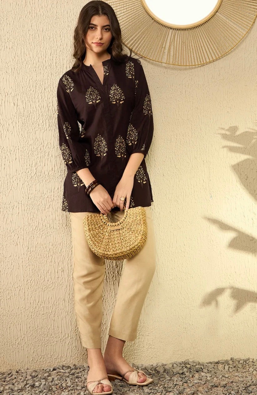 Brown Cotton Blend Ethnic Motifs Printed Tunic Top