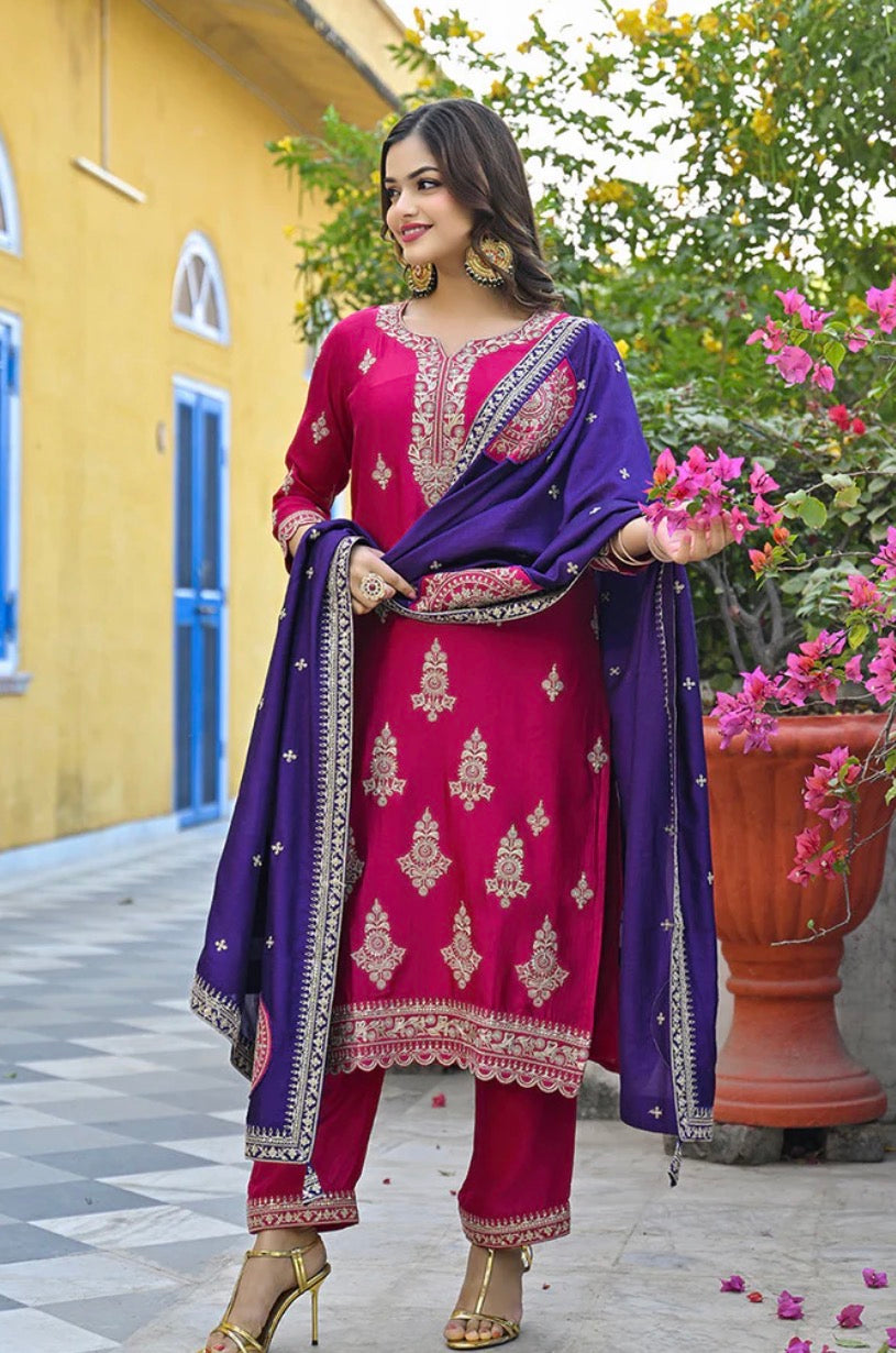 Pink Silk Blend Solid Embroidered Kurta Set