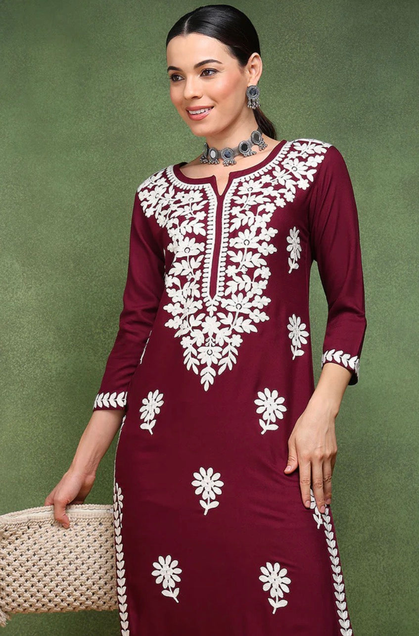 Chikankari Kurta : Burgundy