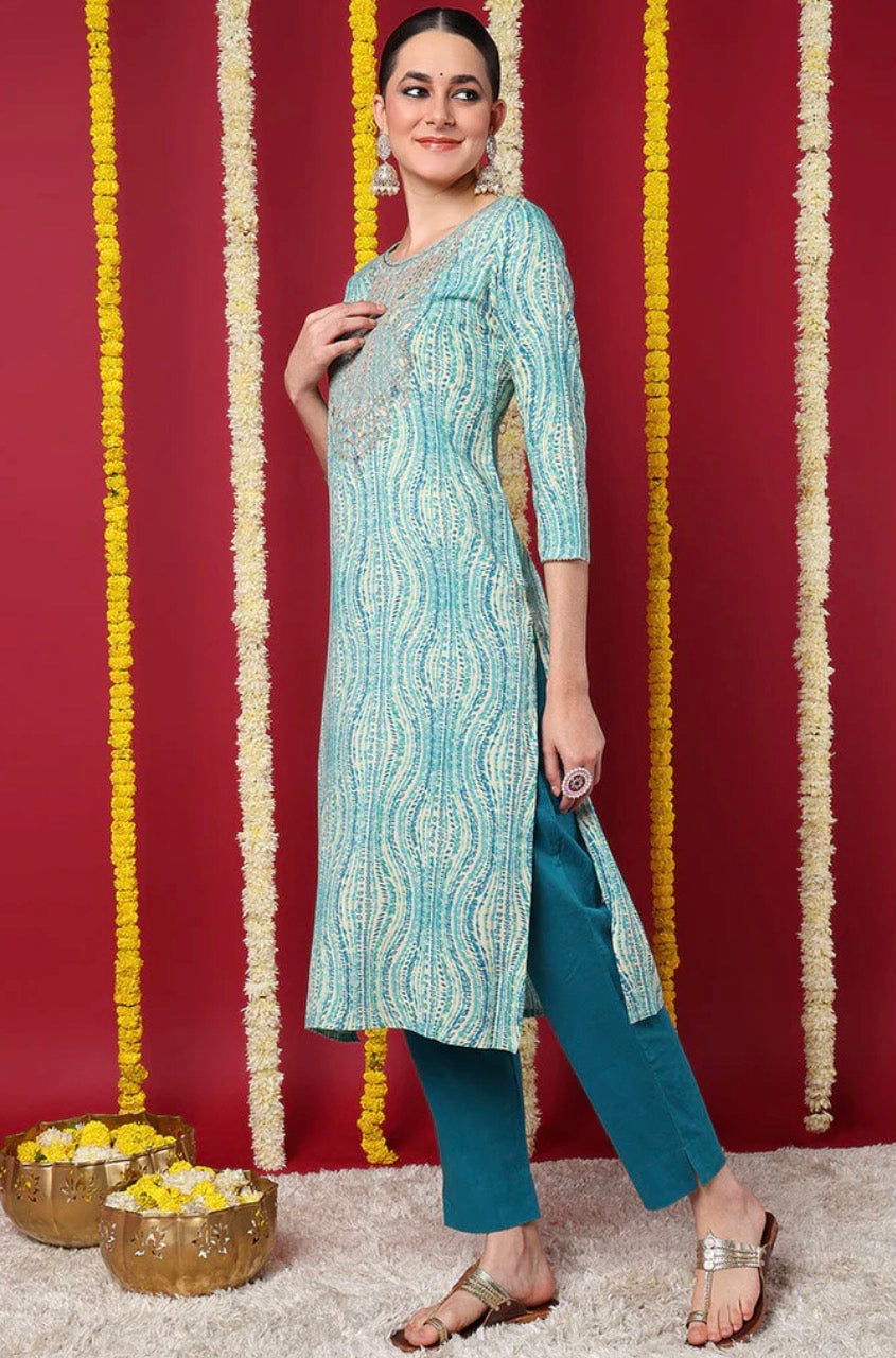 Blue Abstract Printed Straight Kurta | Viscose Rayon Casual Indian Kurti