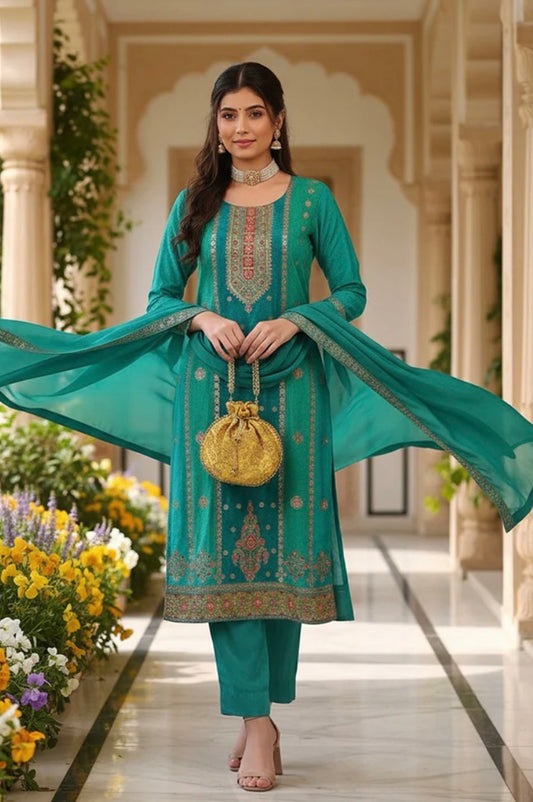 Teal Blue Organza Abstract Woven Design Straight Trouser Suit Set