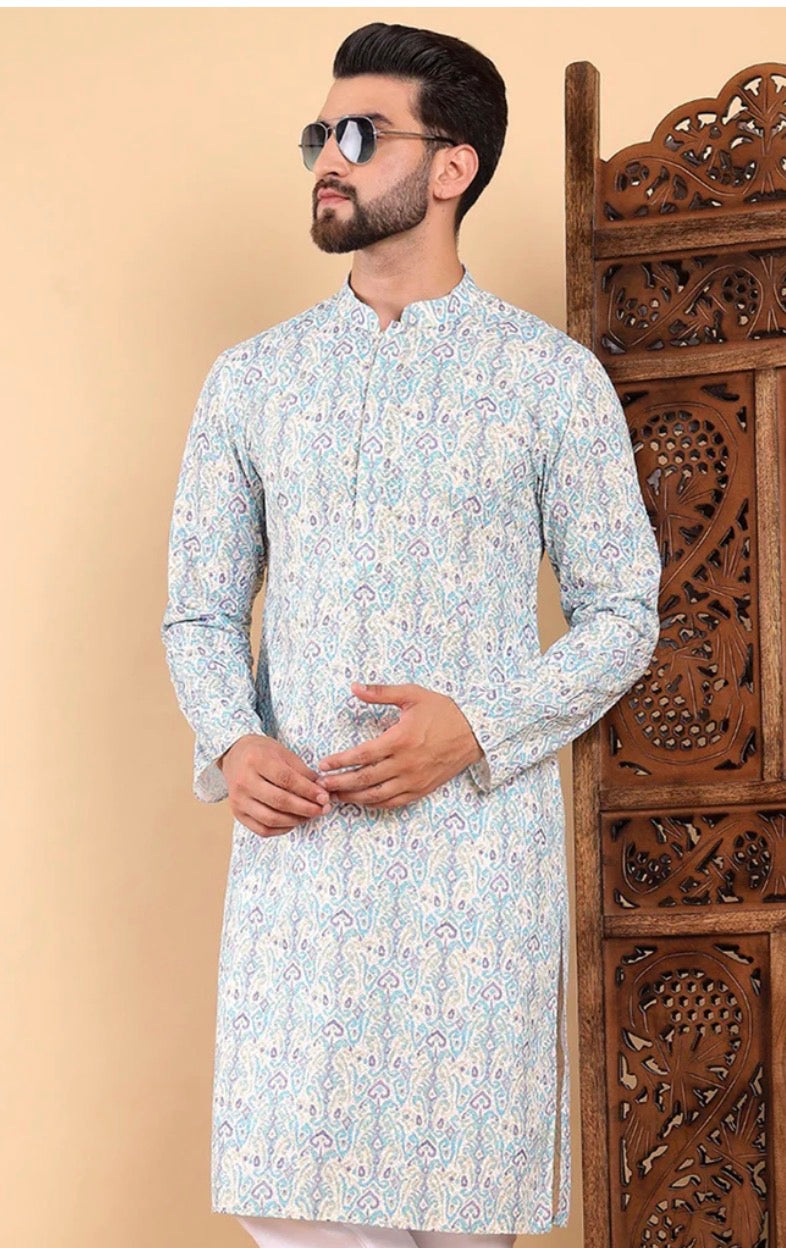 Teal Ethnic Motifs Embroidered Straight Kurta For Men