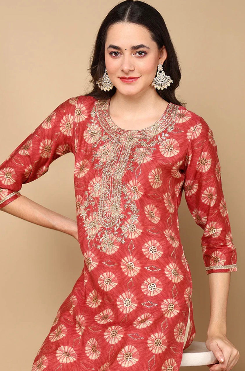Rust Red Silk Blend Ethnic Motifs Printed Straight Kurta