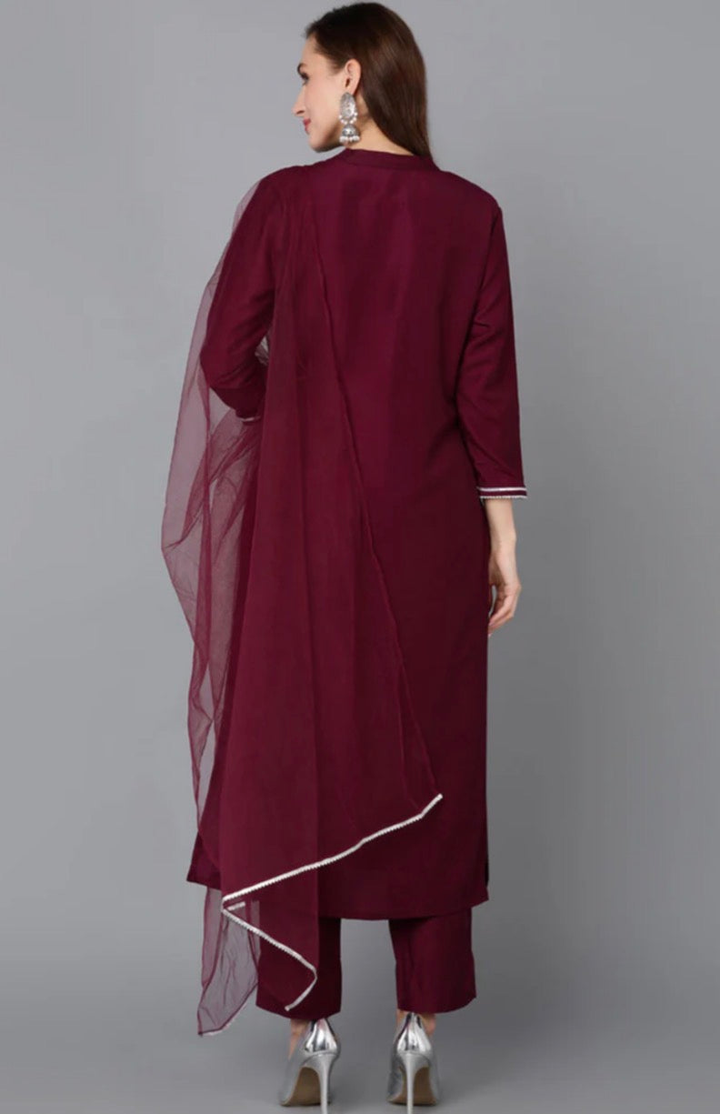 Burgundy Silk Blend Embroidered Kurta Pant With Dupatta