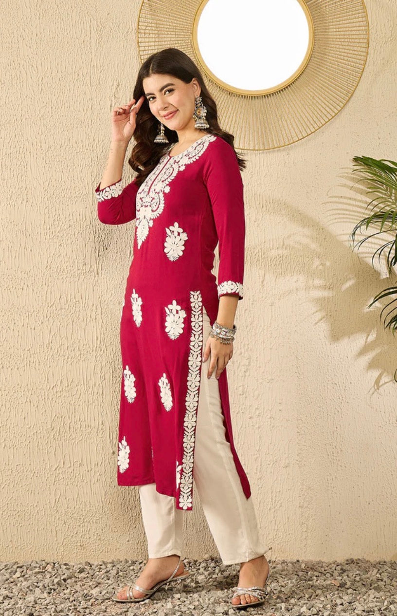 Red Viscose Rayon Solid Embroidered Chikankari Straight Kurta