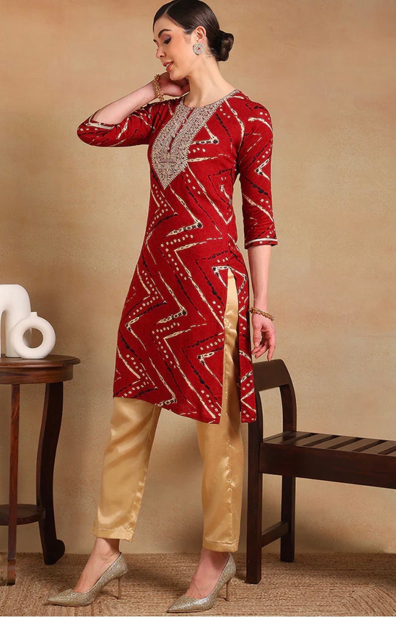 Red Viscose Rayon Chevron Printed Straight Kurta