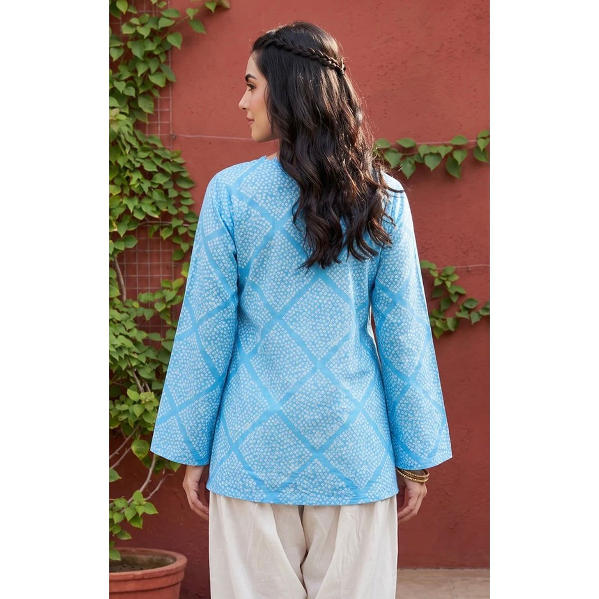 Blue Cotton Round Neck Long Sleeves Casual Top