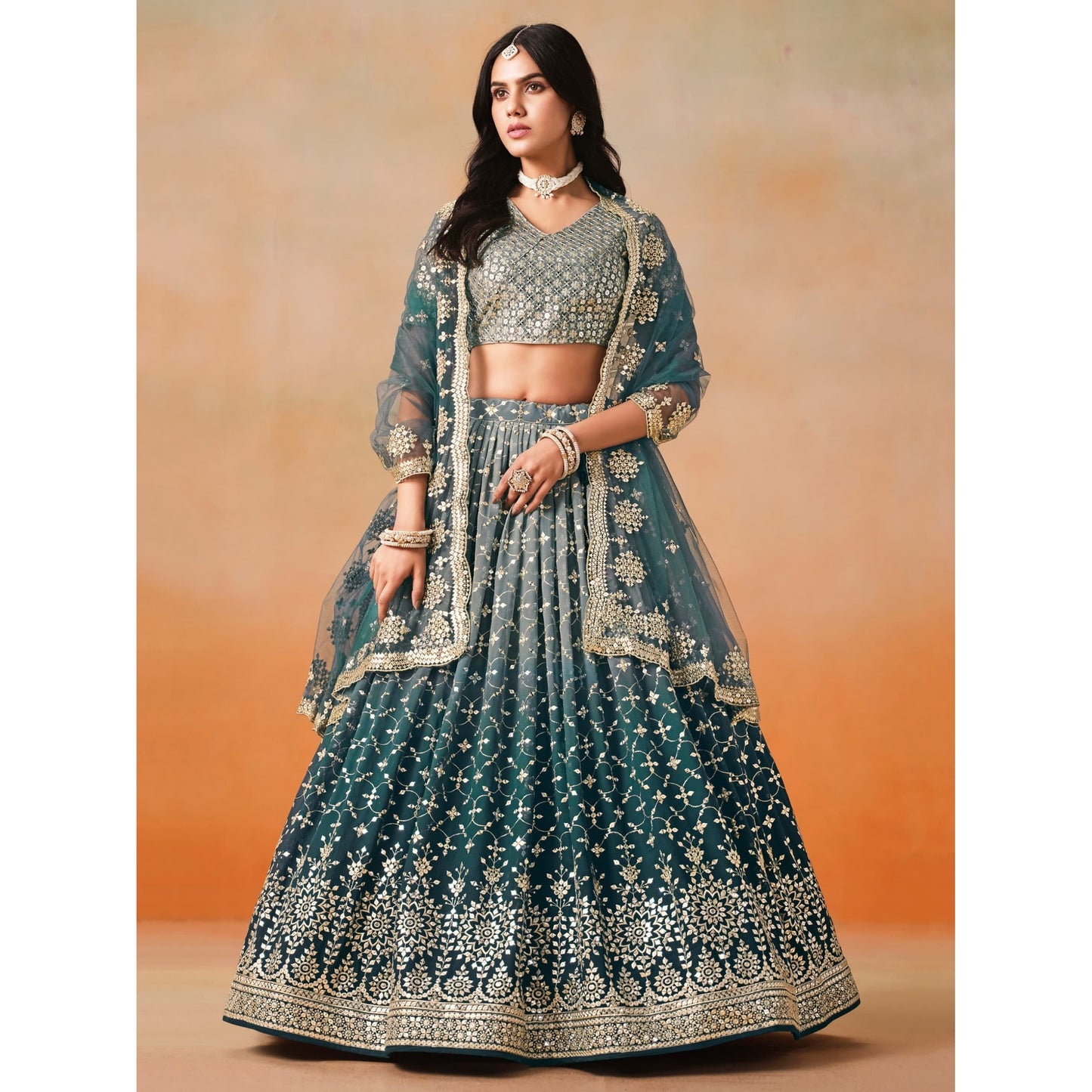 Georgette Lehenga Choli Set with Sequins & Zari Embroidery (dove blue)  : Pre Order Only