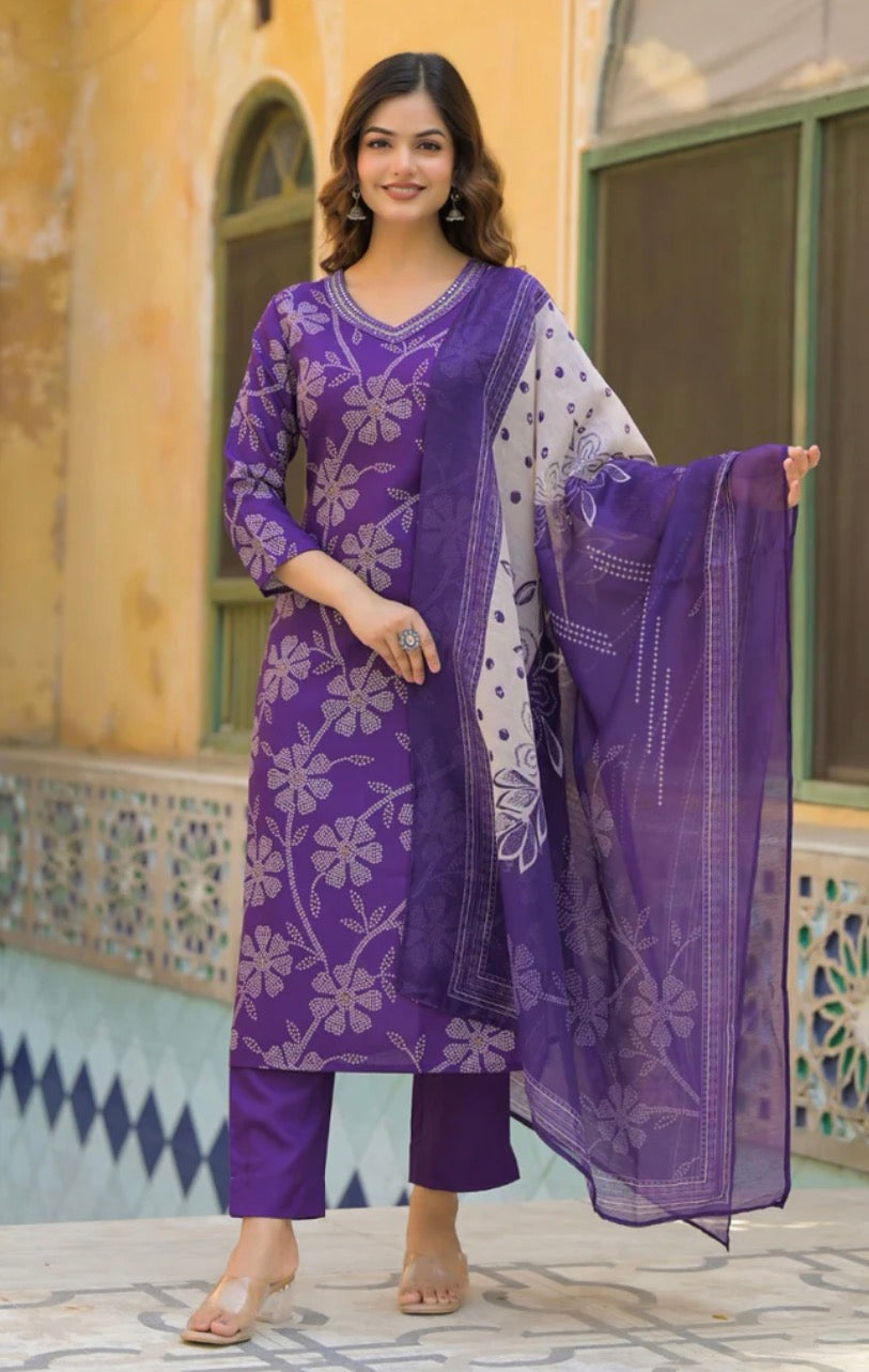 Purple Rayon Blend Bandhani Printed Straight Kurta Trouser With Dupatta