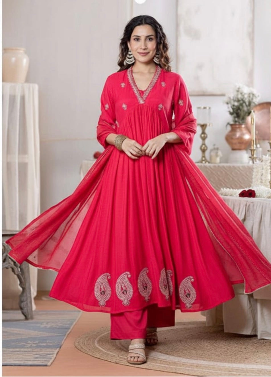 Pure Cotton Embroidered 3-Piece Suit Set – Dark Pink