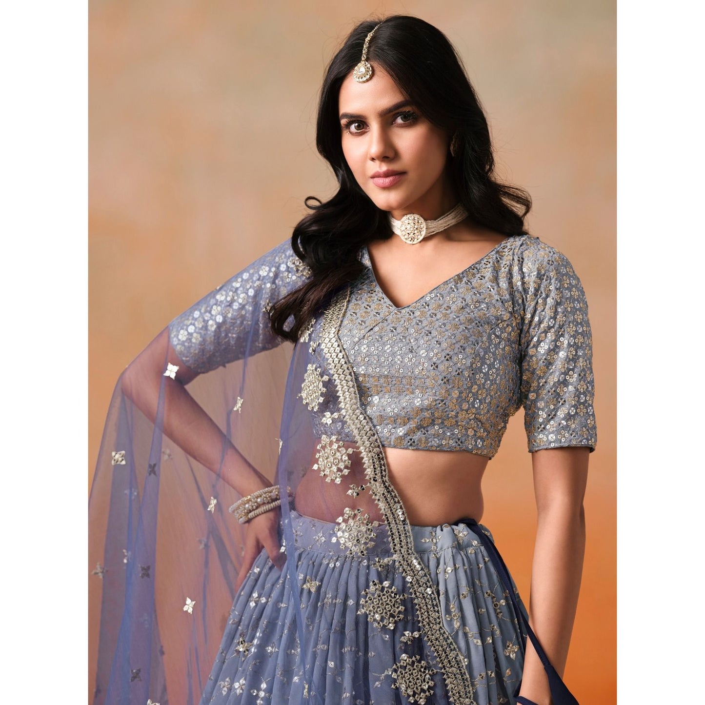 Georgette Lehenga Choli Set with Sequins & Zari Embroidery : Blue (Pre Order)