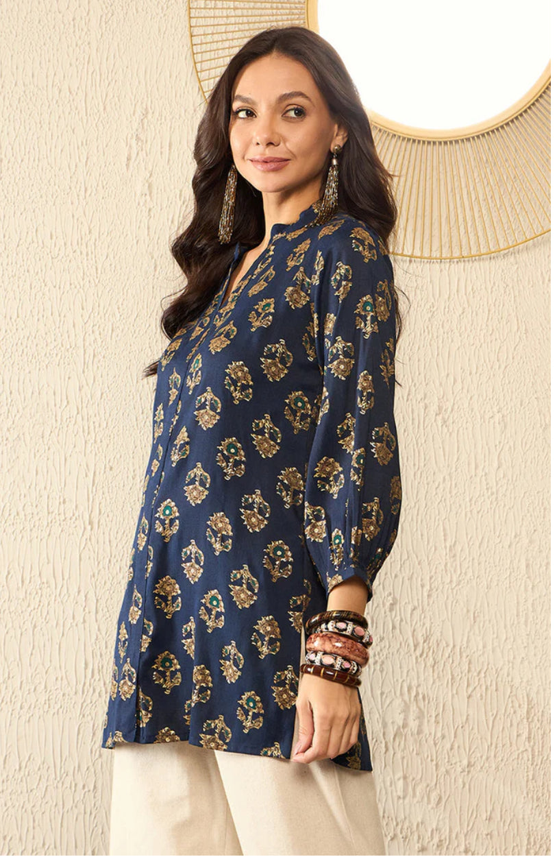 Blue Cotton Blend Floral Printed Indian Kurti /Tunic Top