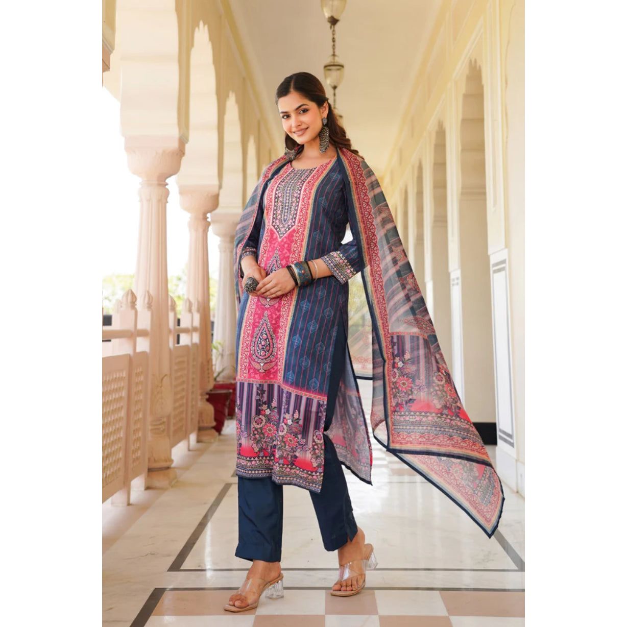 Blue Rayon Blend Ethnic Motifs Printed Straight Kurta Trouser With Dupatta