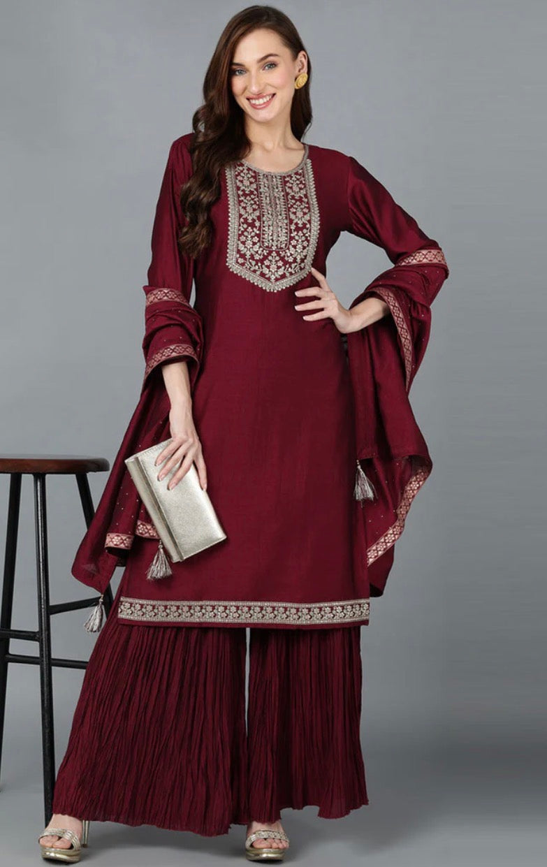 Maroon Silk Blend Yoke Design Kurti Sharara With Dupatta