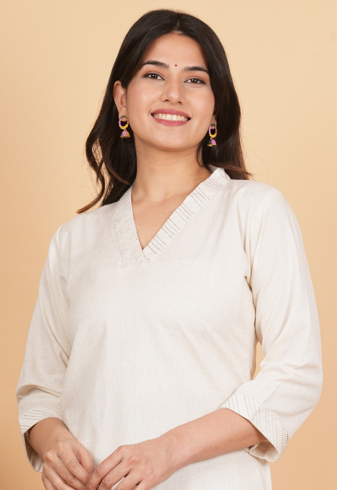 Cream Cotton Flex Kurta Set with V-Neck Detailing