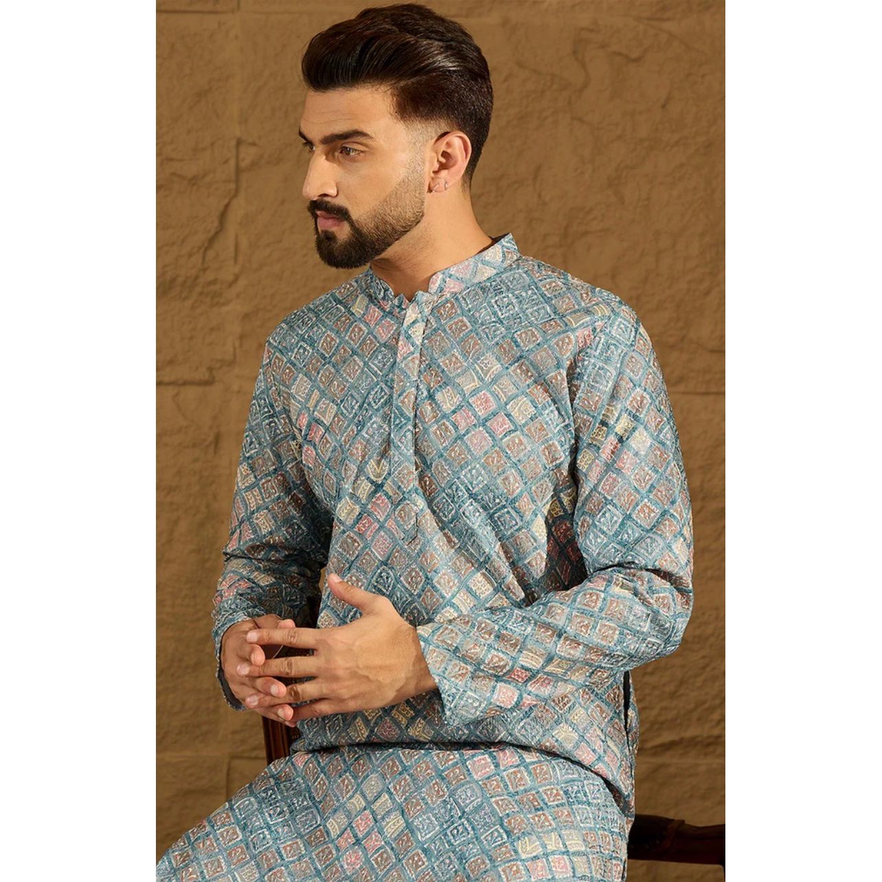 Blue Viscose Rayon Abstract Embroidered Straight Kurta