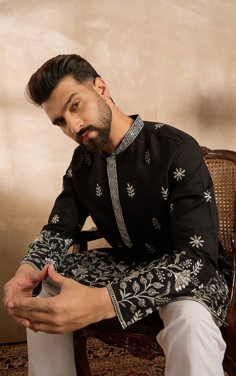 Black Silk Blend Solid Embroidered Straight Kurta With Trouser