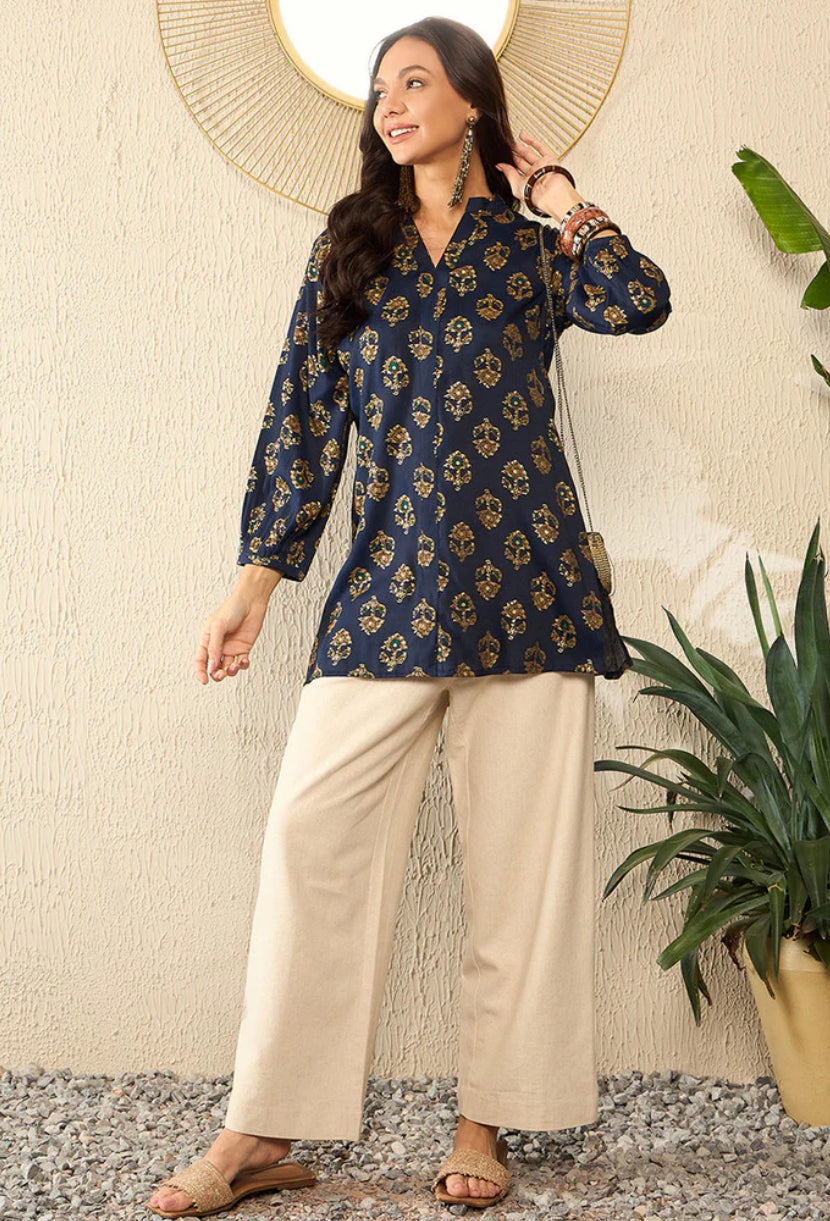 Blue Cotton Blend Floral Printed Indian Kurti /Tunic Top