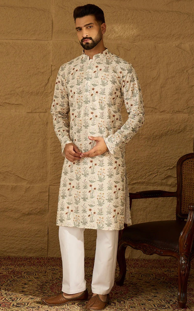 Off White Viscose Rayon Floral Printed Straight Kurta