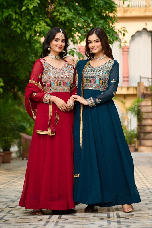 Maroon & Rama Green Festive Gown-Dupatta Set with Sequins Embroidery