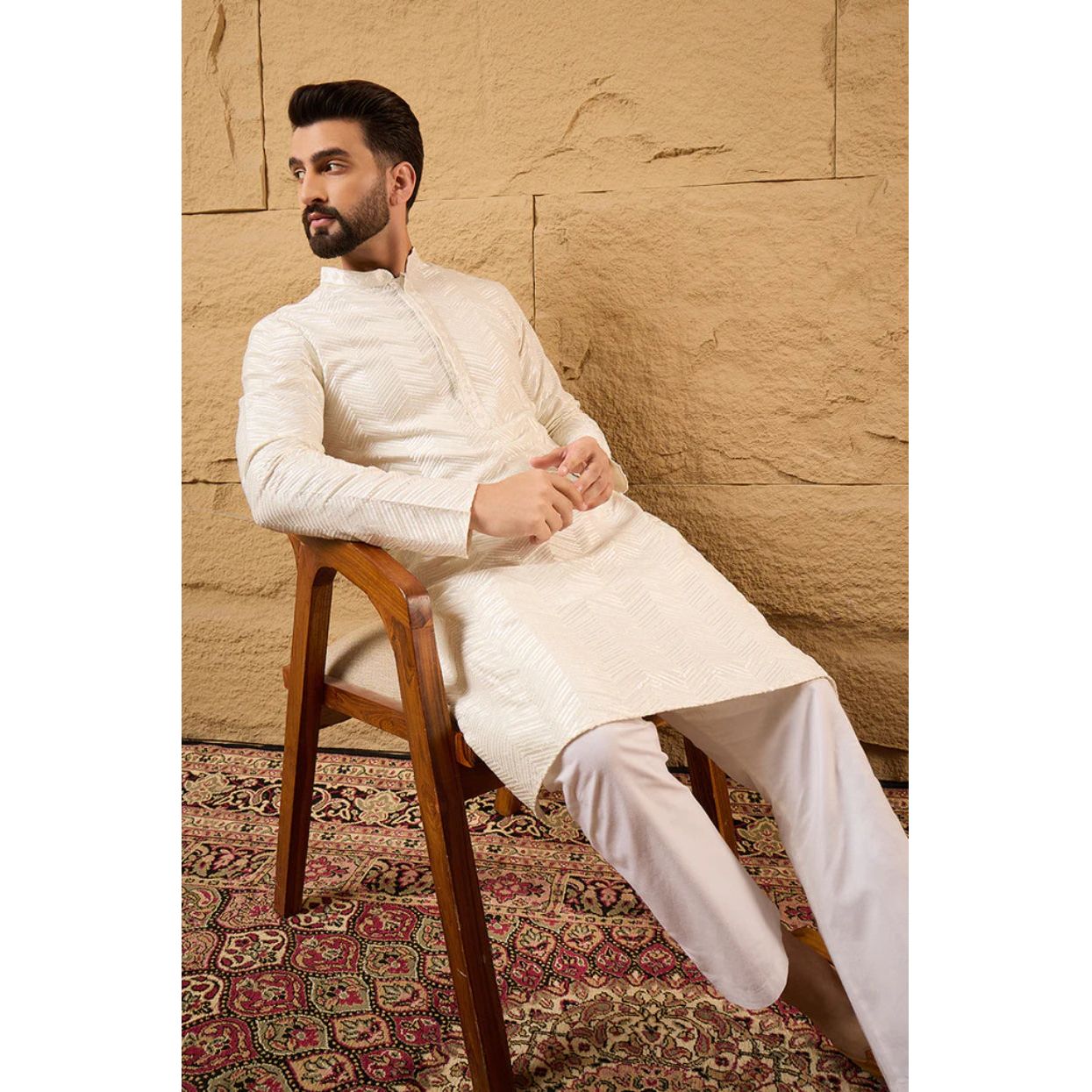 Off White Viscose Rayon Chevron Embroidered Straight Kurta