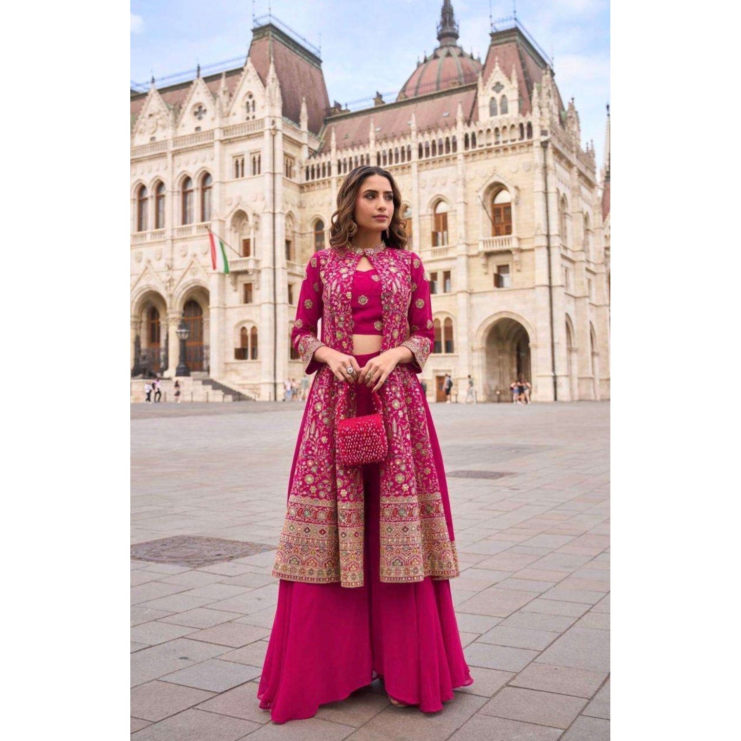 Dark Pink Georgette Embroidered Set