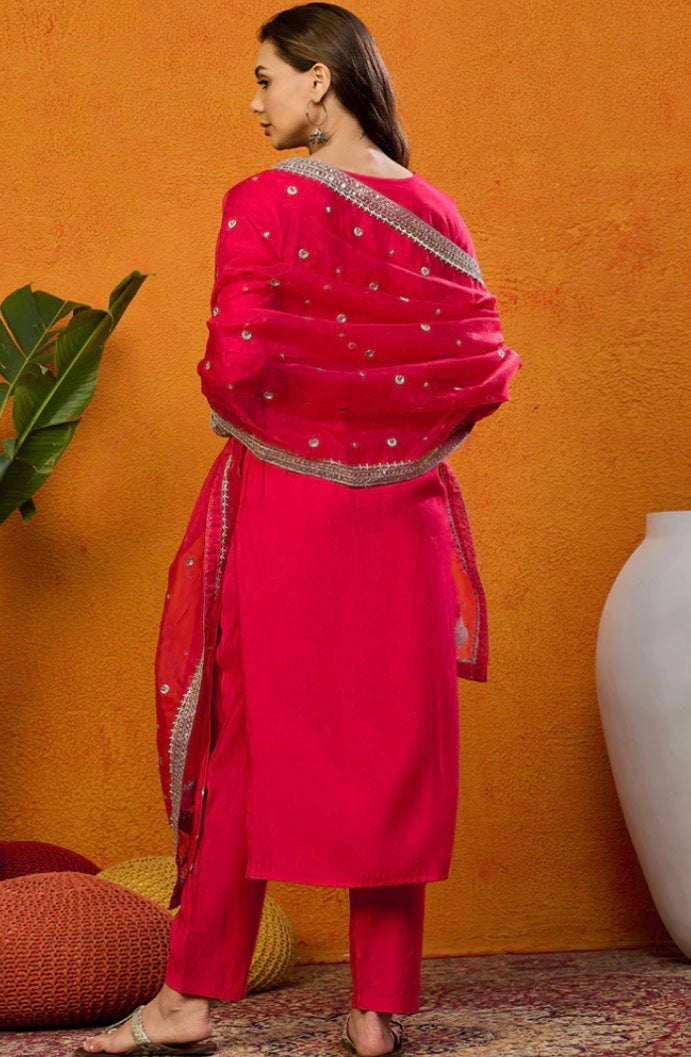 Pink Silk Blend Embroidered Kurta Set with Trousers & Dupatta