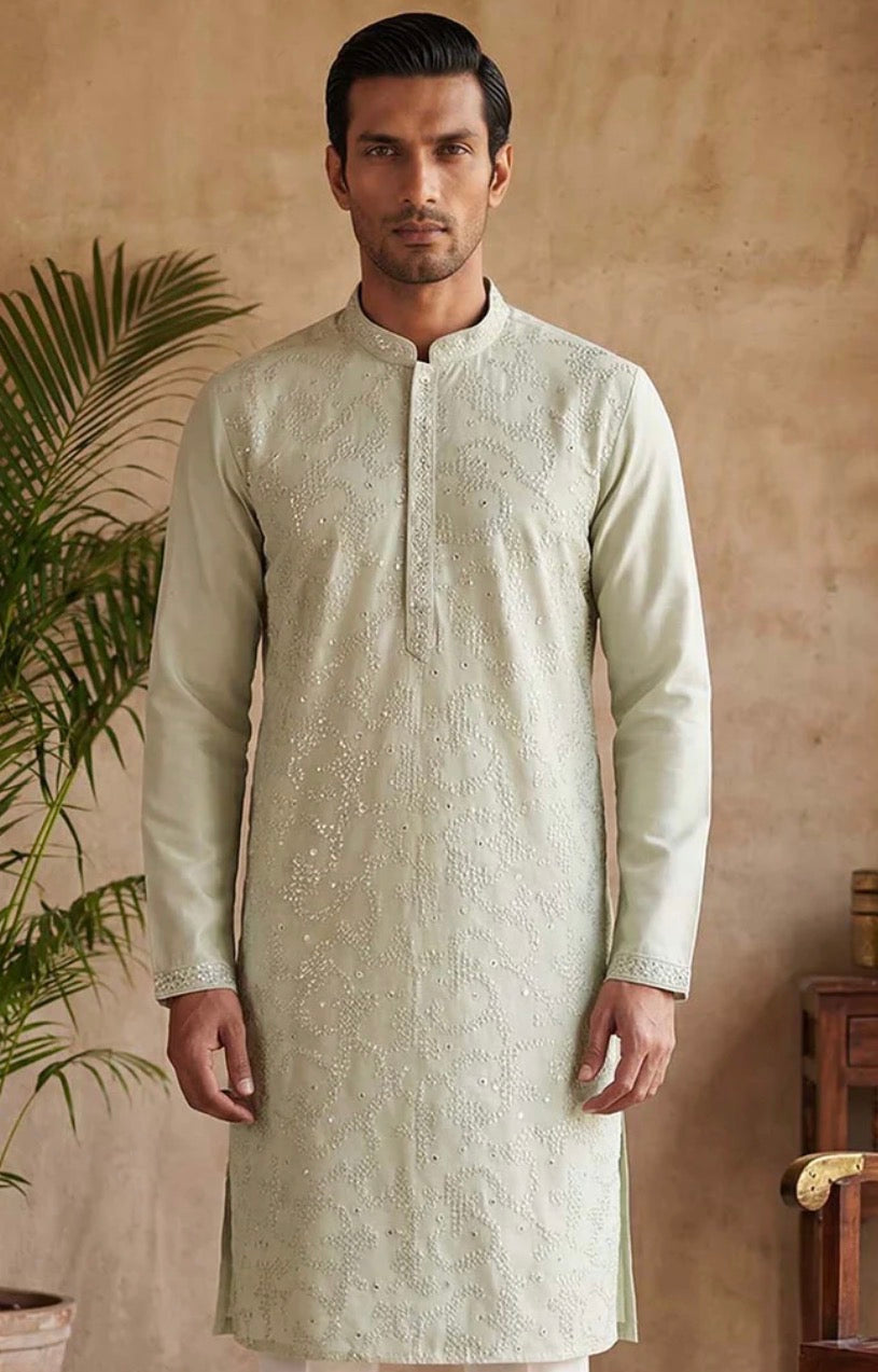 Sage Green Silk Blend Embroidered Straight Kurta for Men | Festive & Wedding Wear