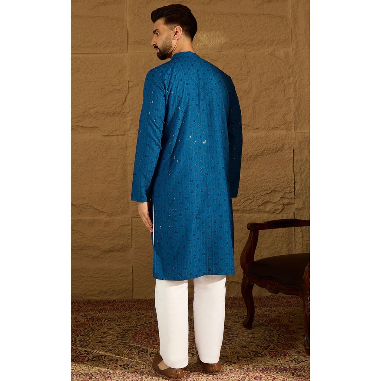 Blue Viscose Rayon Solid Embroidered Straight Kurta