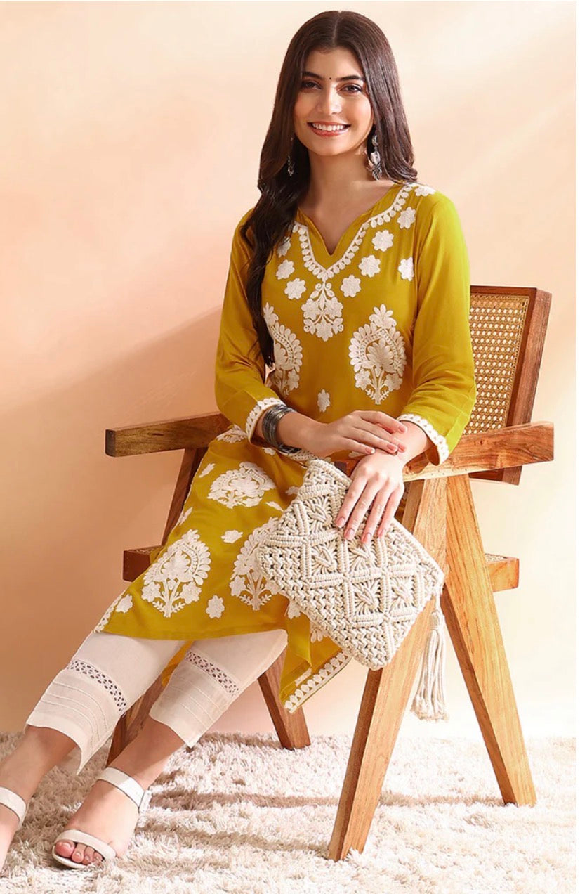 Mustard Yellow Chikankari Straight Kurta