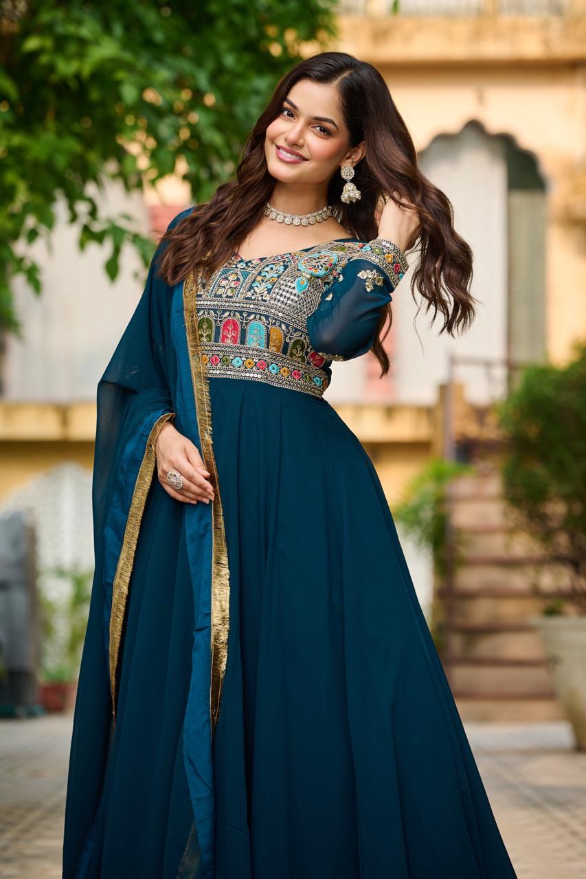 Maroon & Rama Green Festive Gown-Dupatta Set with Sequins Embroidery