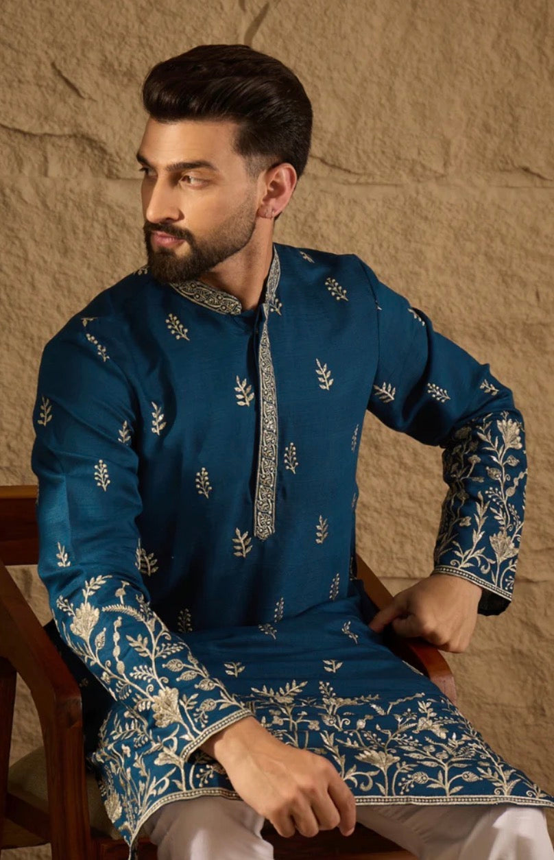 Blue Chanderi Silk Embroidered Straight Kurta