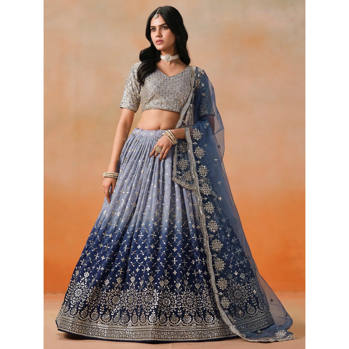 Georgette Lehenga Choli Set with Sequins & Zari Embroidery : Blue (Pre Order)