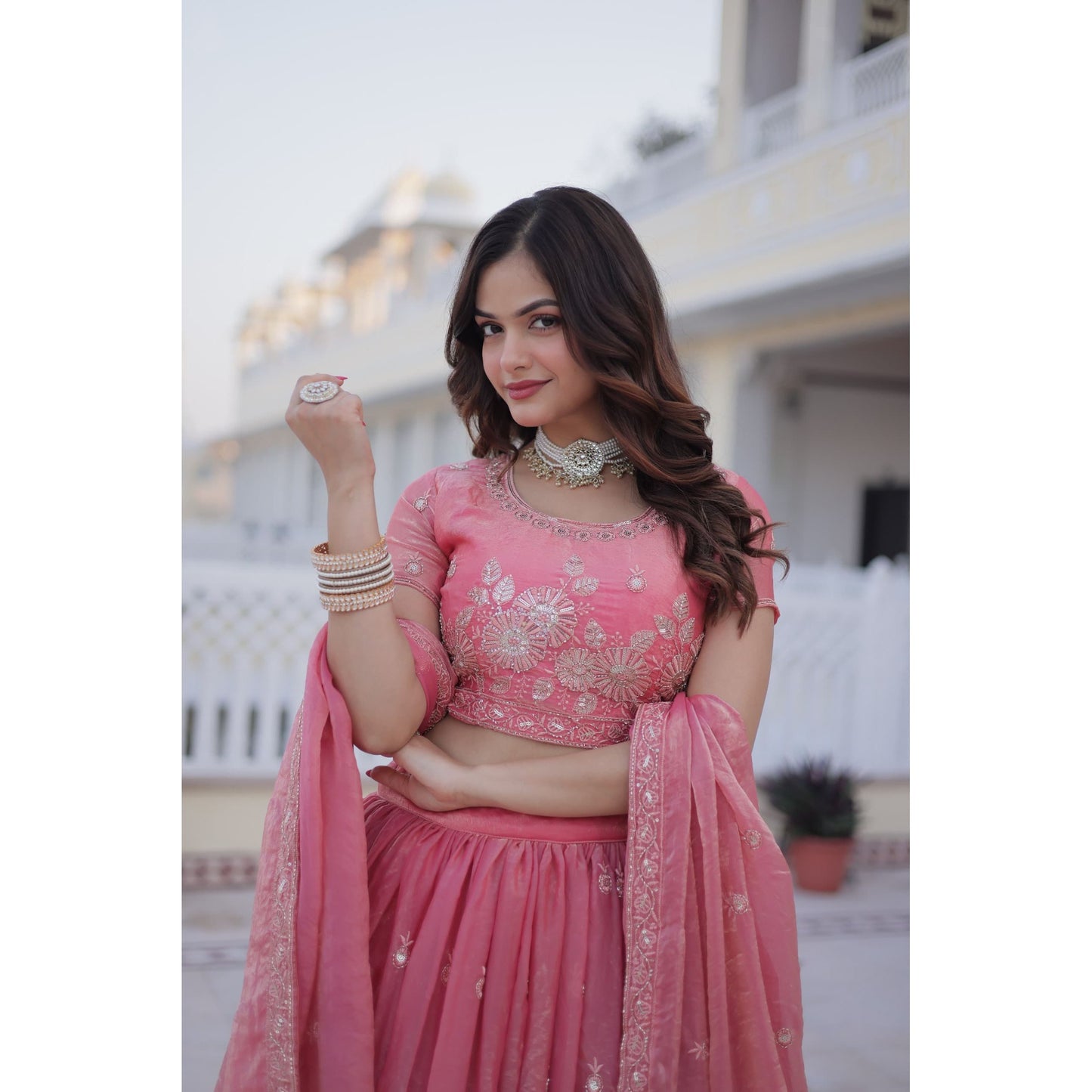 Pink Sequin & Zari Embroidered Lehenga Choli Set with Dupatta : Pre Order