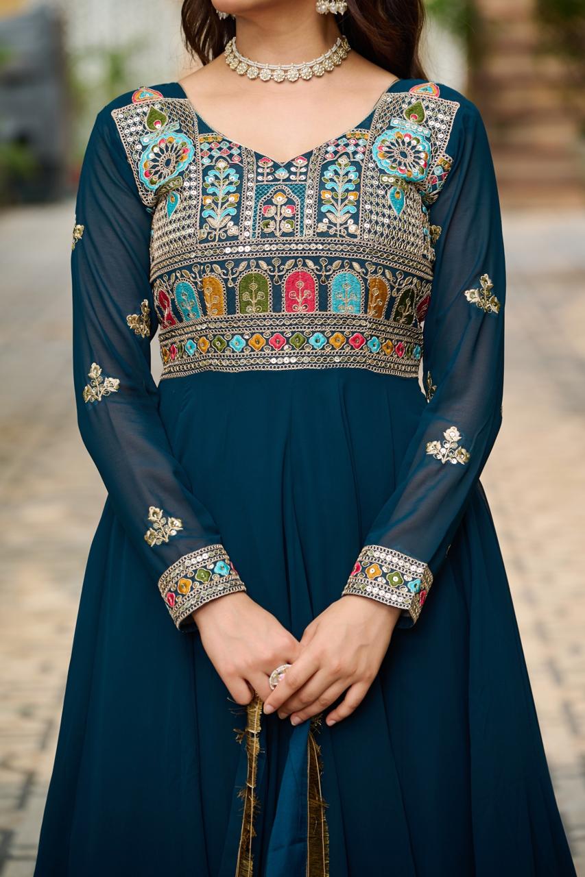 Maroon & Rama Green Festive Gown-Dupatta Set with Sequins Embroidery