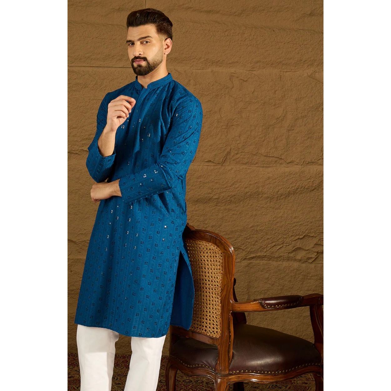 Blue Viscose Rayon Solid Embroidered Straight Kurta