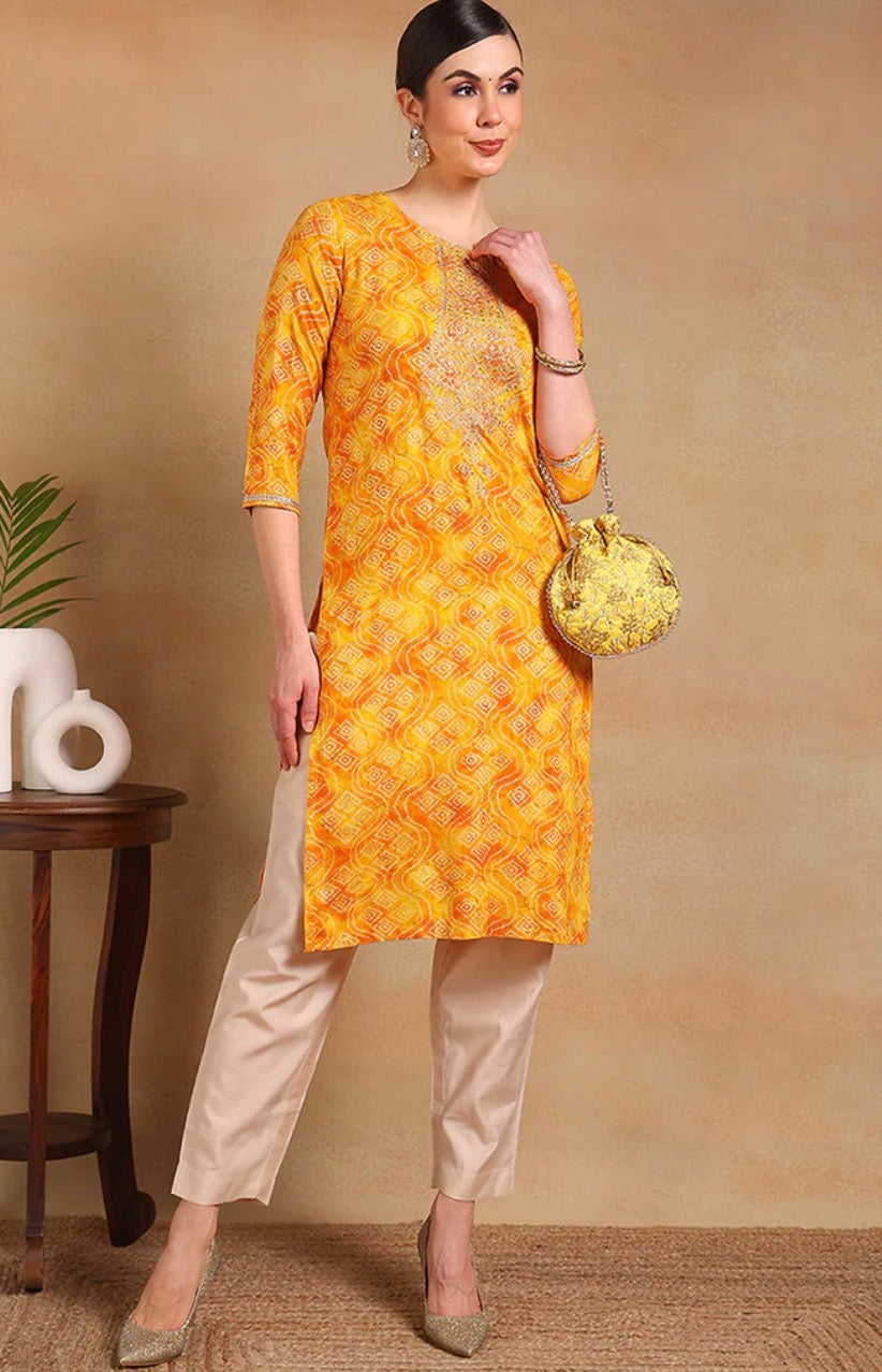 Yellow Viscose Rayon Bandhani Printed Straight Kurta