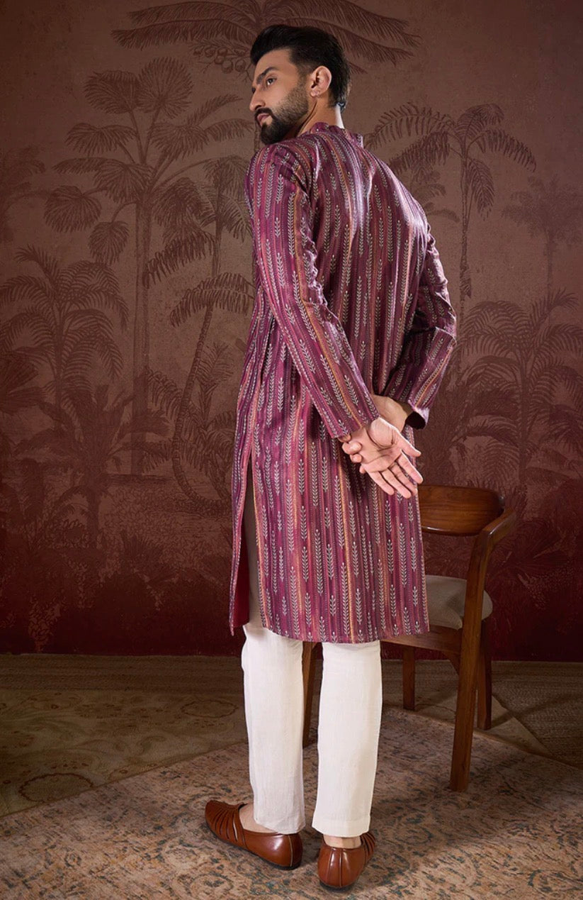Purple Silk Blend Striped Printed Straight Kurta With Trouser