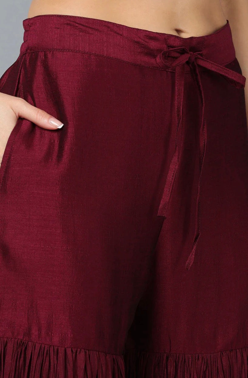 Maroon Silk Blend Yoke Design Kurti Sharara With Dupatta