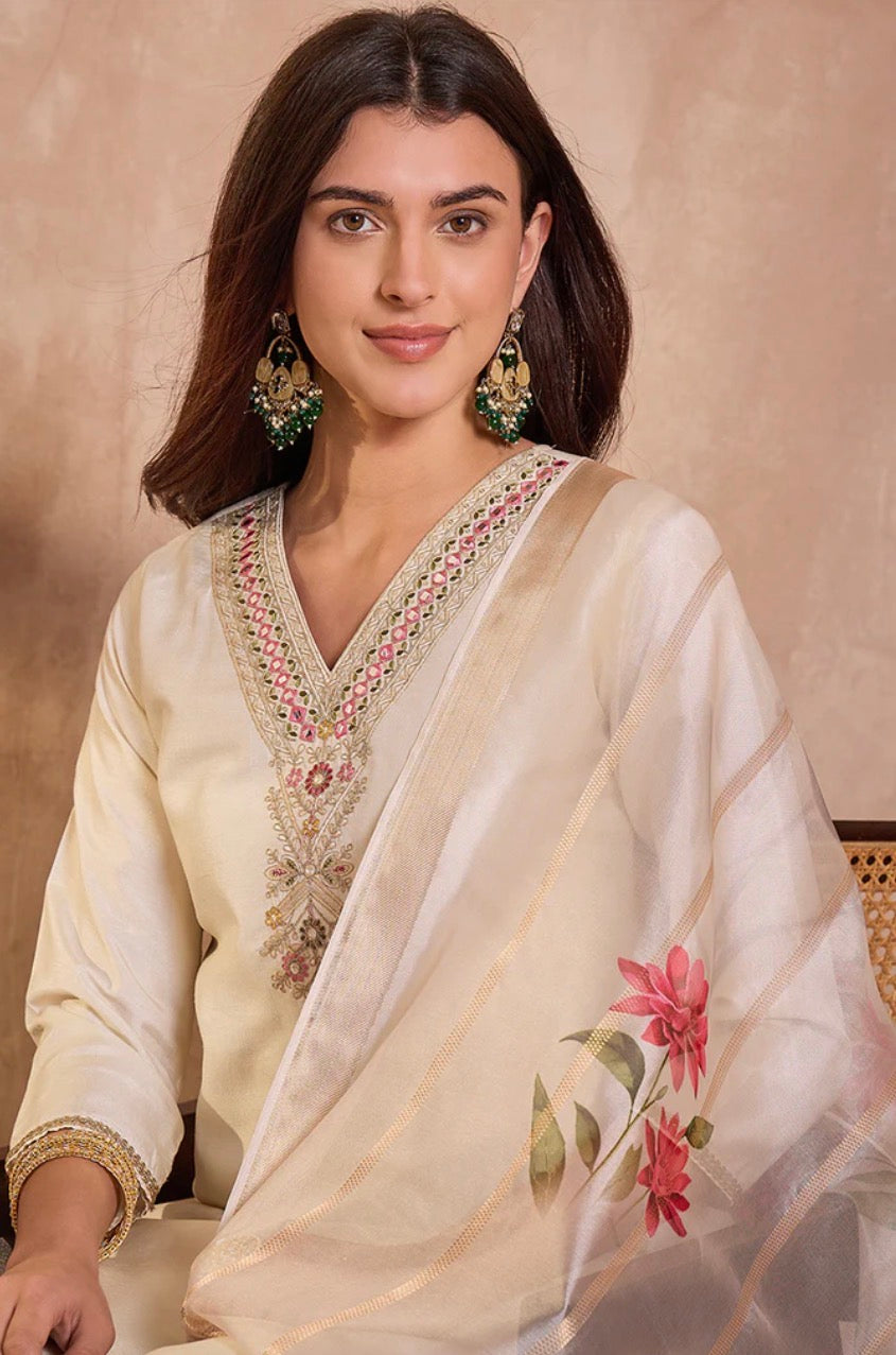 Off White Embroidered Silk Blend Kurta Set with Trousers & Dupatta