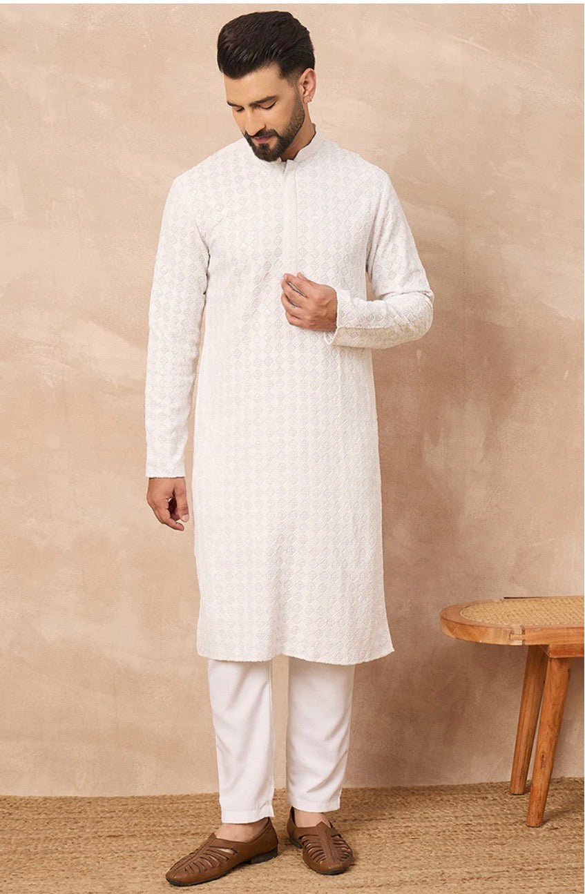 White Chikankari Kurta for Men