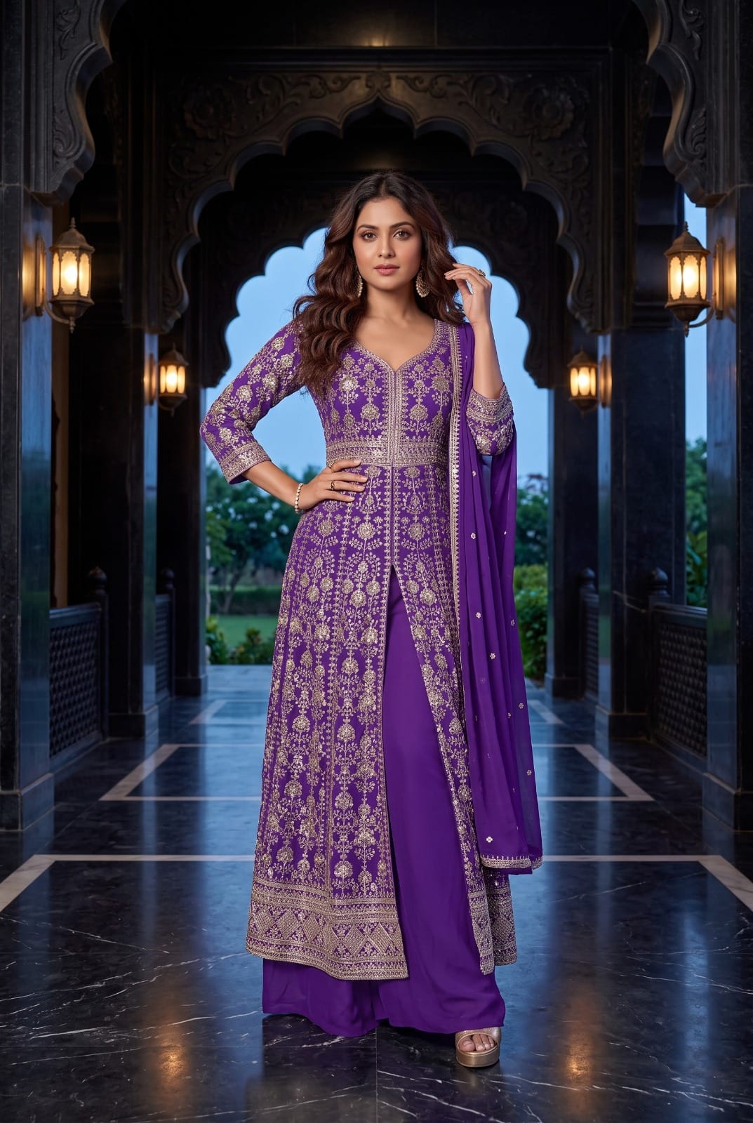 Royal Bloom Embroidered Chinon Front-Slit Palazzo Suit