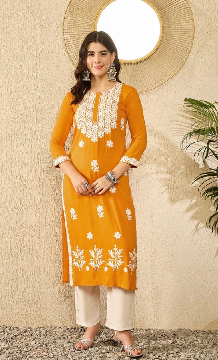 Mustard Yellow Embroidered Chikankari Straight Kurta