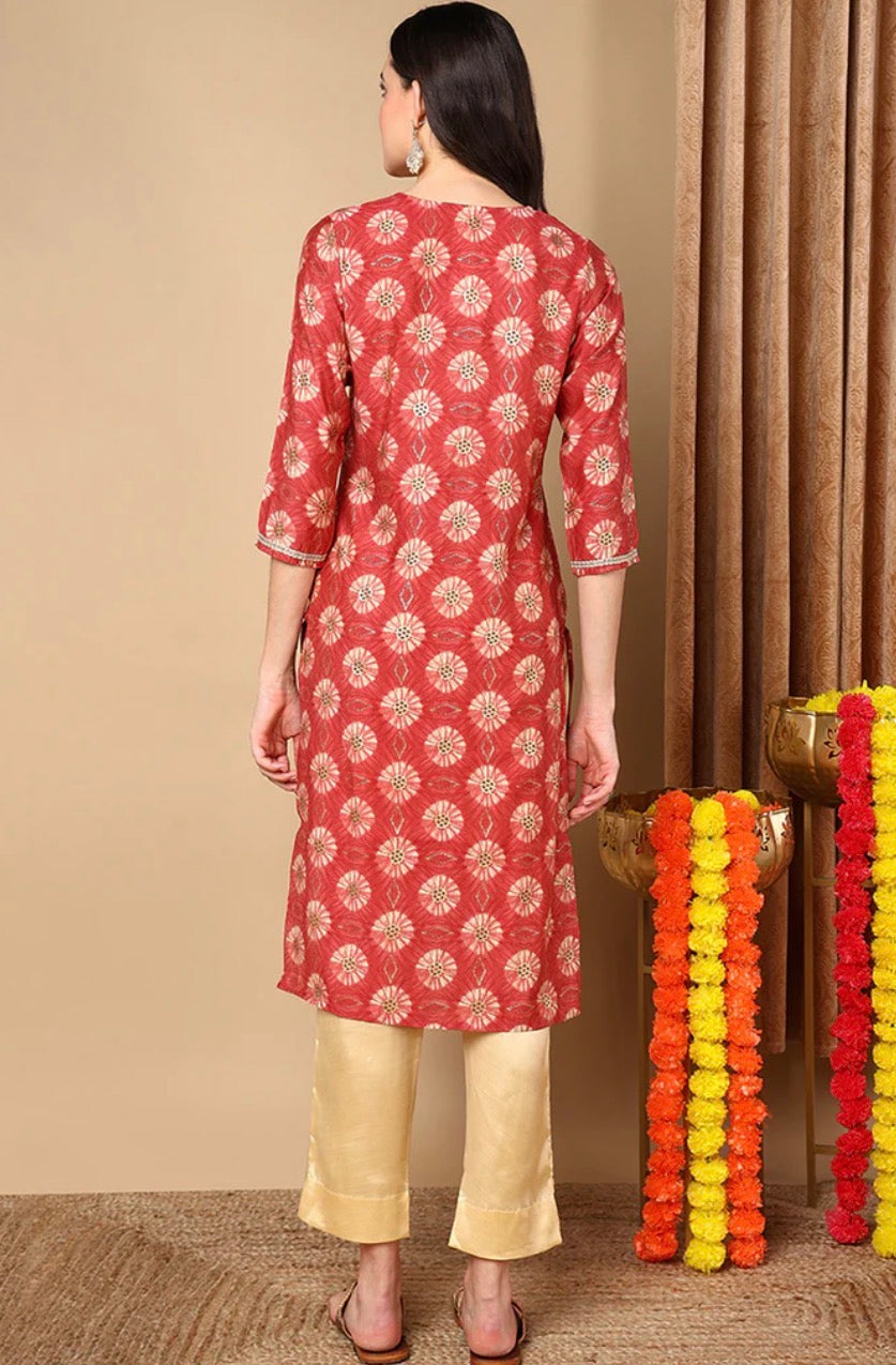 Rust Red Silk Blend Ethnic Motifs Printed Straight Kurta