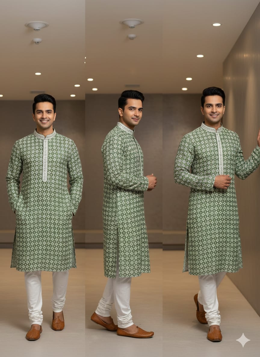 Men’s Chikankari / Sequin Work Kurta Set :Green