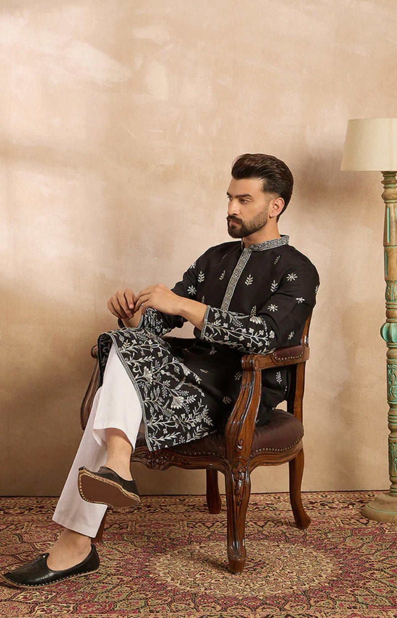 Black Silk Blend Solid Embroidered Straight Kurta With Trouser