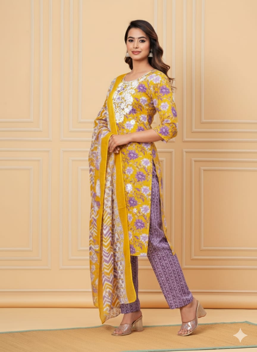Yellow & Purple Cotton 3-Piece Kurta Set – Chikankari Work