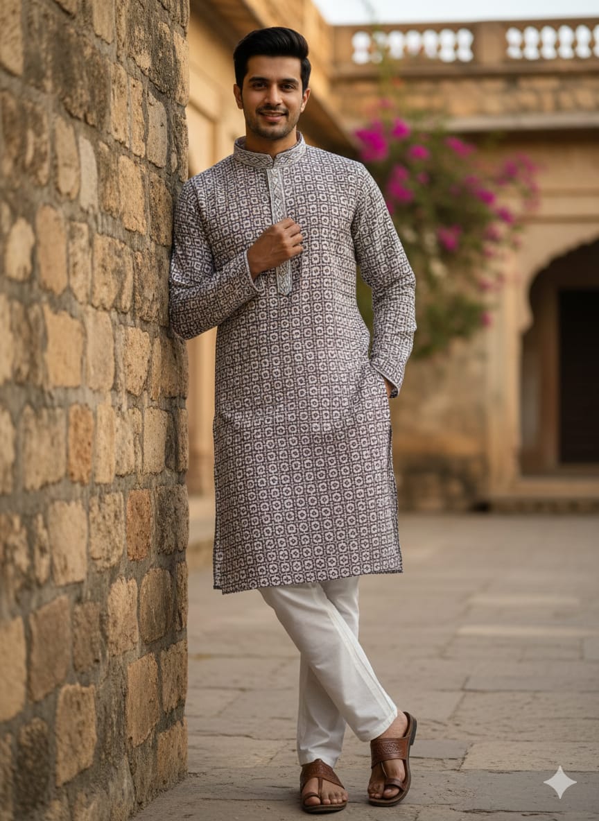 Men’s Chikankari / Sequin Work Kurta Set. : Brown
