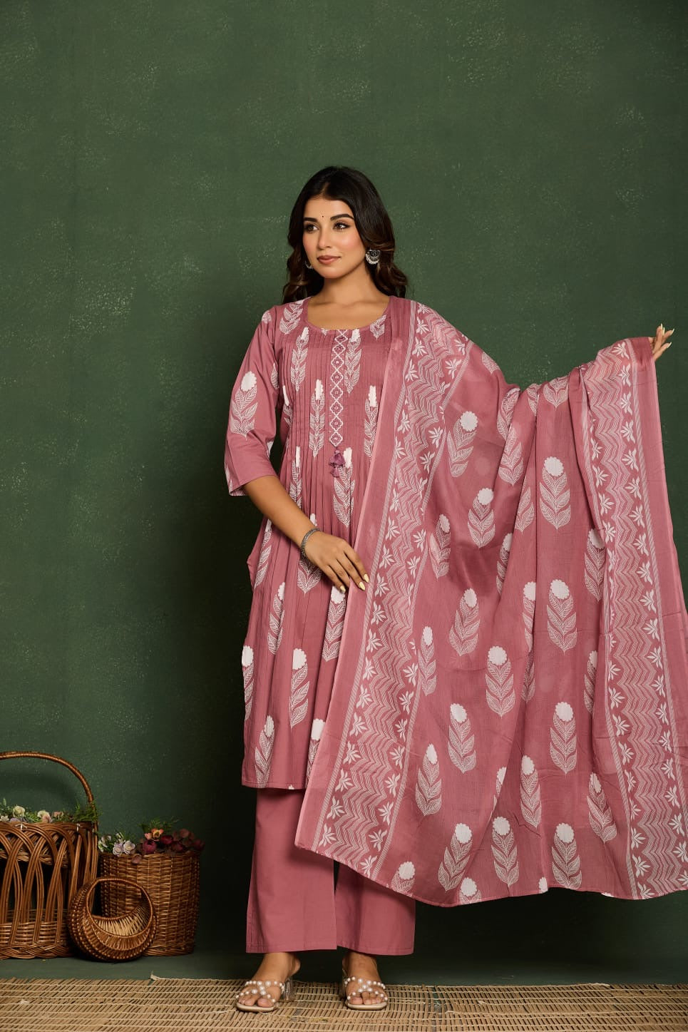 Dusty Mauve A-Line Kurta Set with Pant & Dupatta